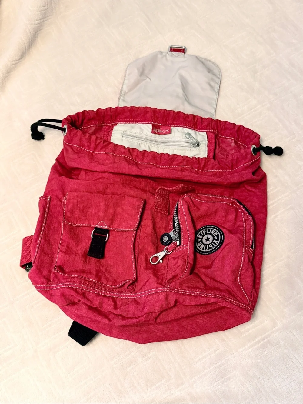 Kipling Vintage 90s Y2K Red & black Drawstring Backpack bag With monkey Keychain